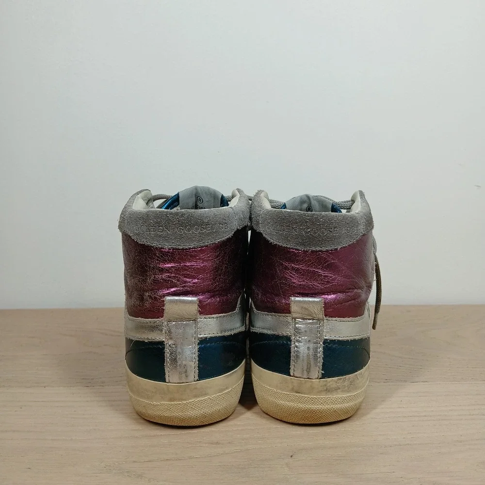 Golden Goose 2.12 Sneakers Womens 8 Metallic Blue Gray Suede High Top Glam Rock